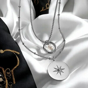 🆕️18K White Gold Plated Star Charm Minimalist Layered Necklace Dainty Pearl